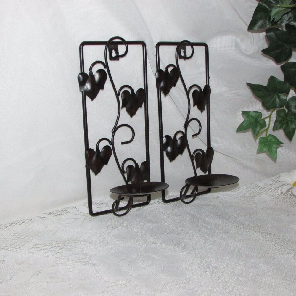 2 Ivy Leaf Wall Sconces Black Metal Candle Holders Antique Finish Cottagecore